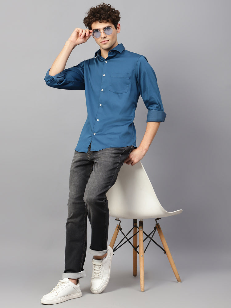 Premium Cotton Lycra Satin Dogger Blue Shirt