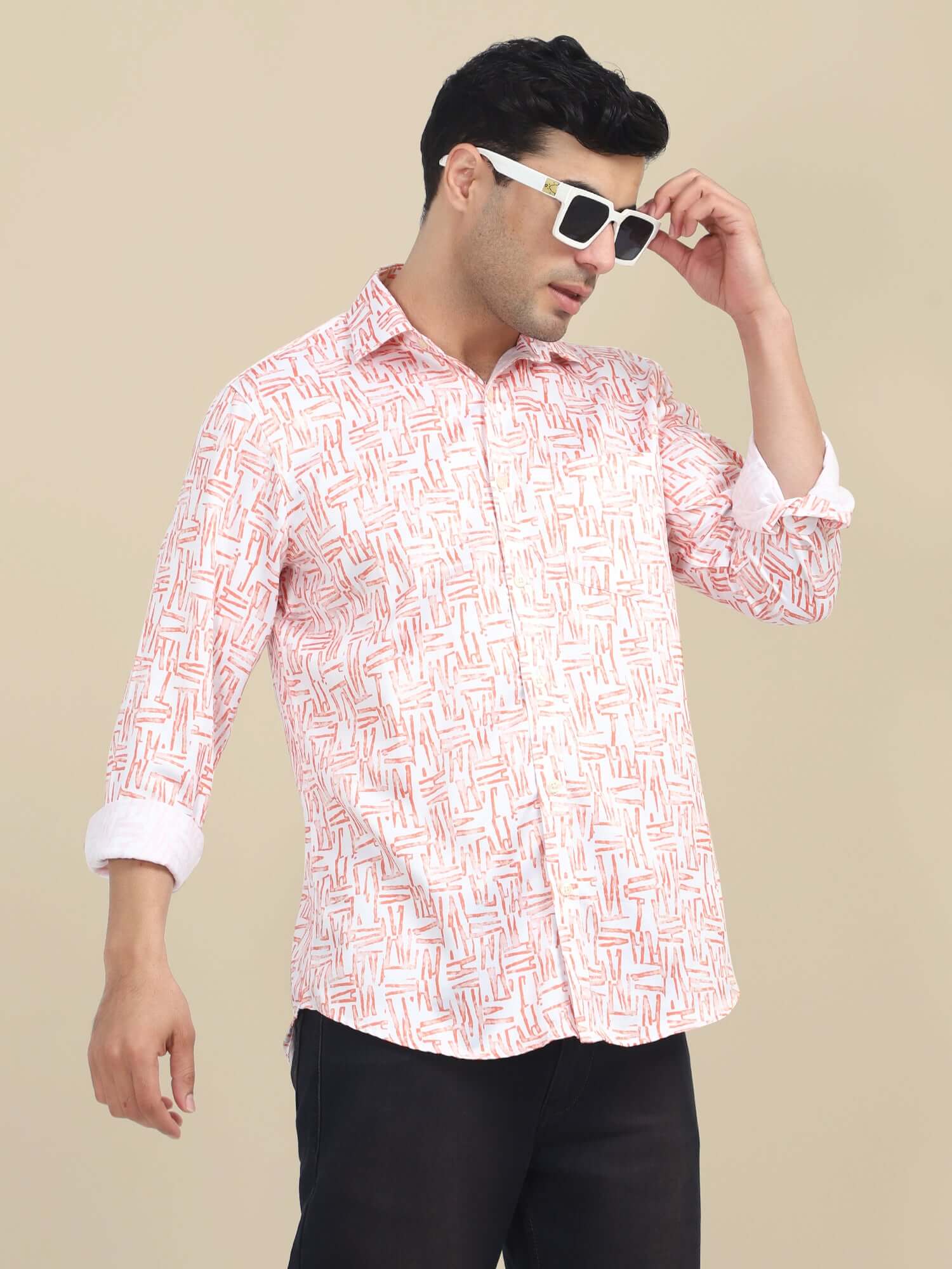 Men'S Poly Satin Lycra Orange Digital Printed Shirt