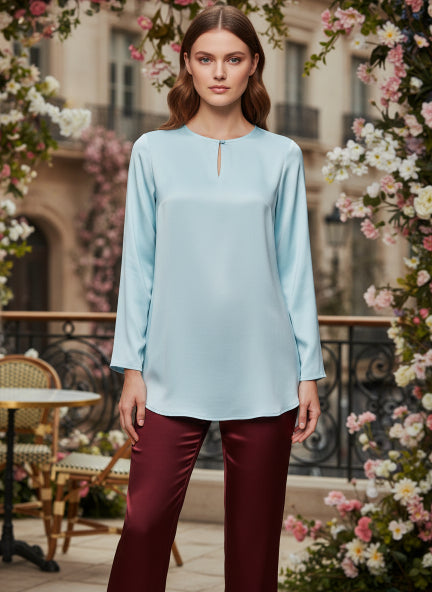 Summer Satin Light Cyan Mandarin Collar Button Tunic