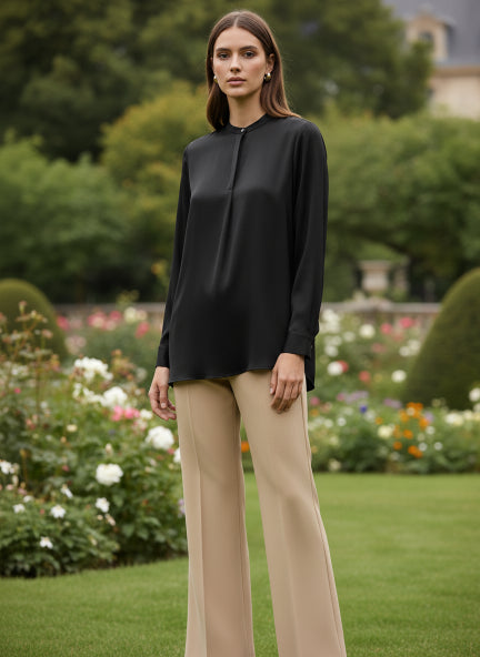 Summer Satin Black Front Pleated Tunic