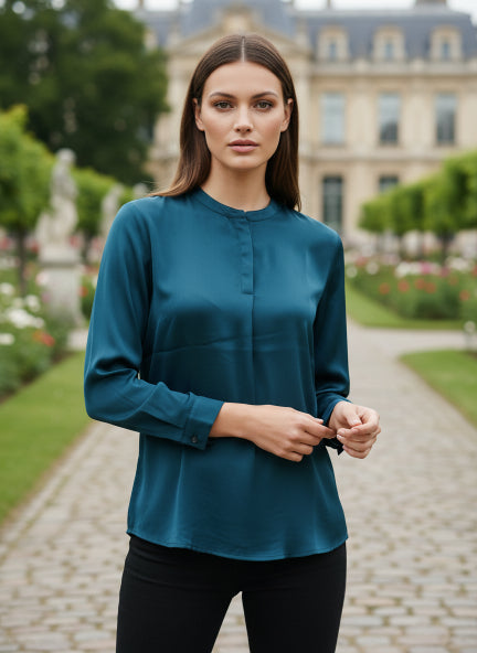 Summer Satin Deep Teal Front Pleated Tunic