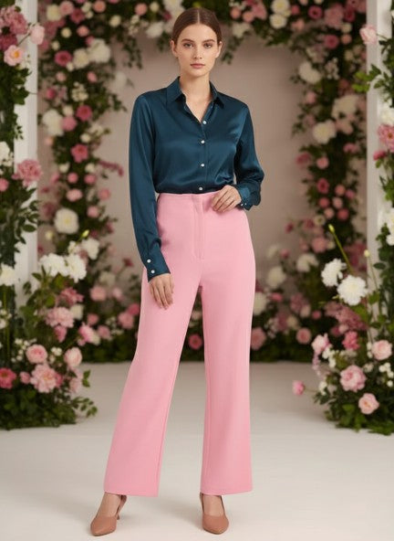 Pink Slashed Pocket Banana Crepe Rose Pink Flared Trouser With Slash Pocket
