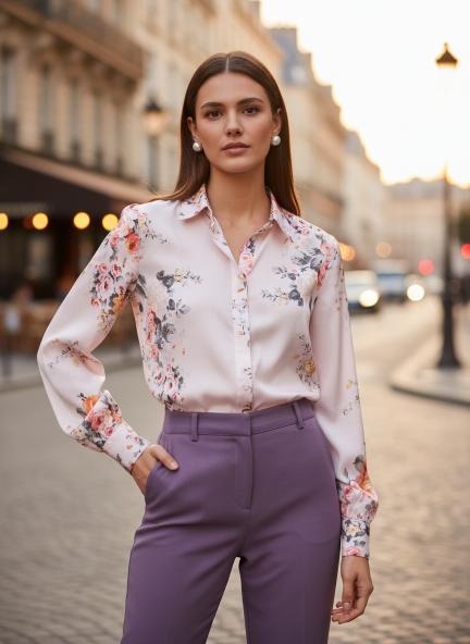 Satin Digital Print Puff Sleeve Shirt