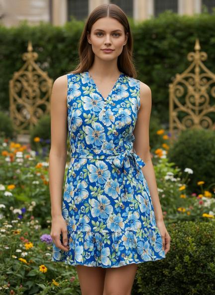 Premium Micro Digital Print  V Neck Flare Dress With Slash Pocket