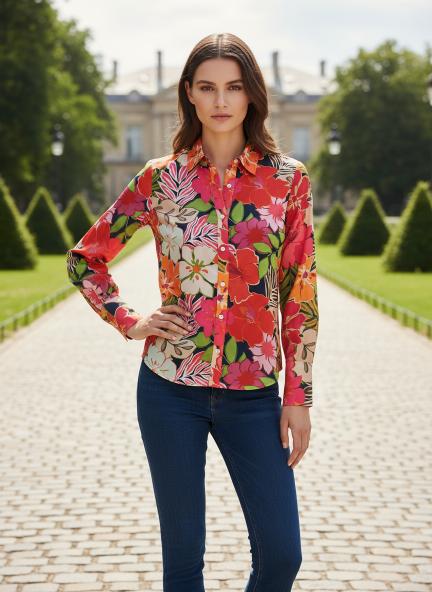 Satin Multicolour Long Length Curved Hem Digital Print Shirt