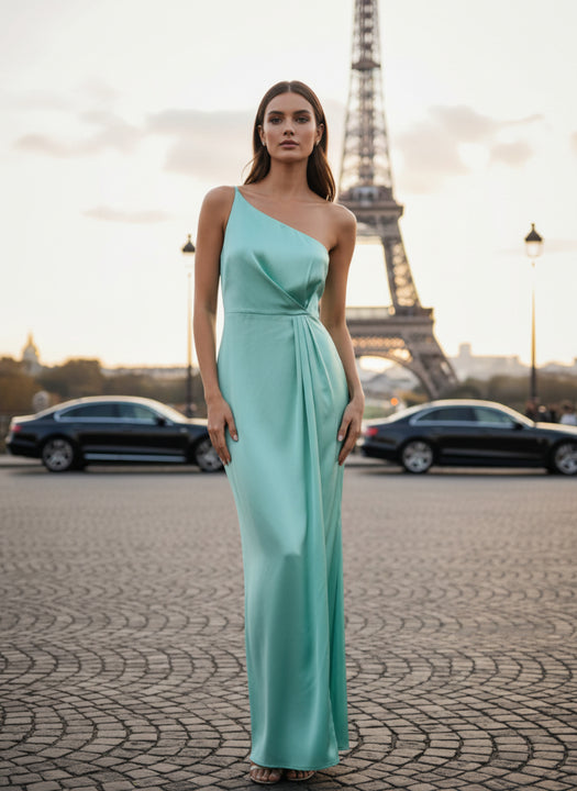One-Shoulder European Satin Dress Mint Frost