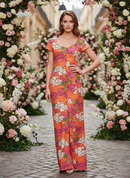 Cambric Digital Print  Front Slit Body Con Dress With Slash Pocket