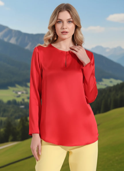 Summer Satin Red Mandarin Collar Button Tunic