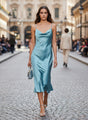 Satin Midi Dress Aqua Spaghetti Strap