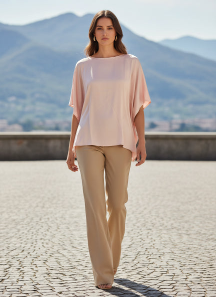 Women's European Satin Solid Baturing Sleeve Crepe