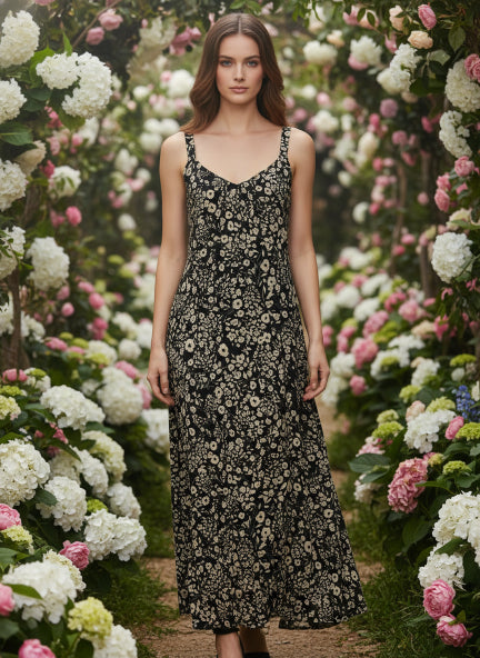 Rayon Printed V Neck Shoulder Strap Maxi Dress