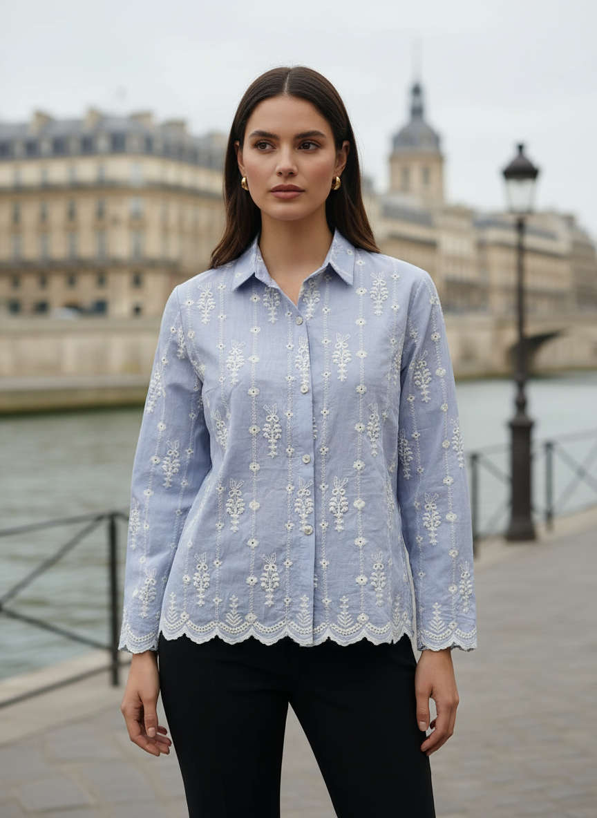 Elegant Aqua Embroidered Women’s Shirt