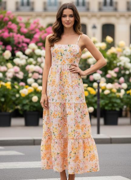 Cambric Digital Print  Maxi Dress With Slash Pocket