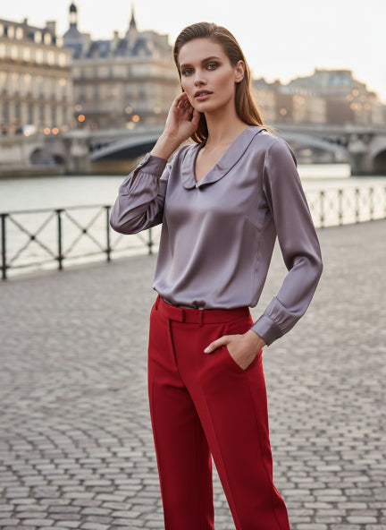 Summer Satin Mauve Peter Pan Collar Top