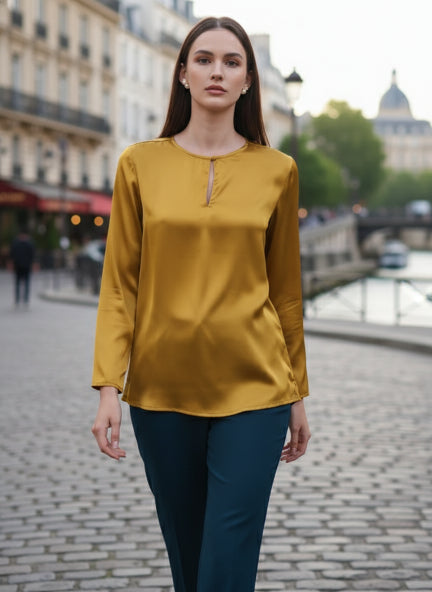 Premium Summer Satin Mettalic Gold Mandarin Collar Button Tunic