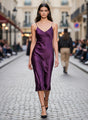 Satin Midi Dress Deep Plum Spaghetti Strap