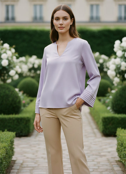 European Satin V Neck Long Sleeve Top