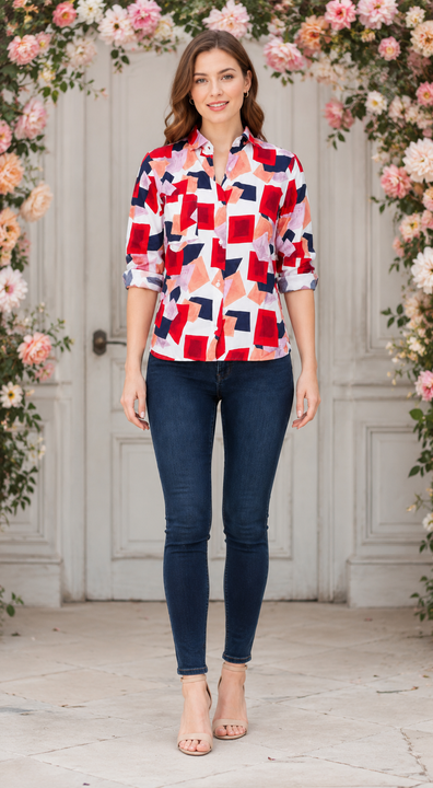 Women'S Premium Rayon Shirt With Red And Blue Print