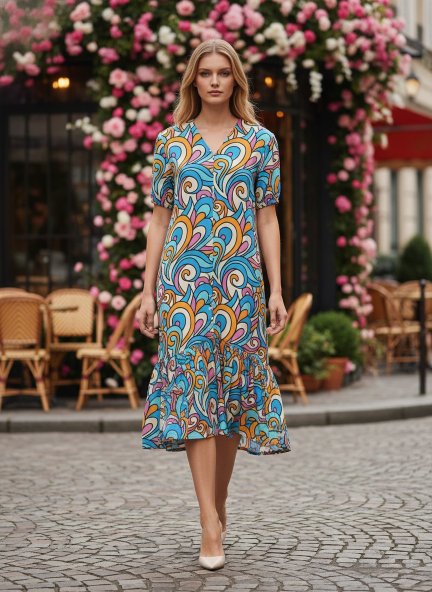 Rayon Printed Puff Sleeve A Line Front Button Maxi Dress