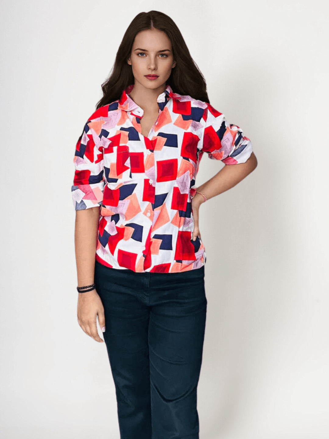 Women'S Premium Rayon Shirt With Red And Blue Print