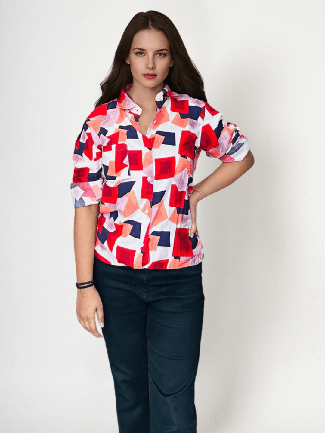 Women'S Premium Rayon Shirt With Red And Blue Print