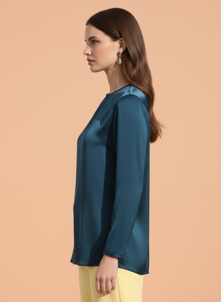 Summer Satin Deep Teal Mandarin Collar Button Tunic