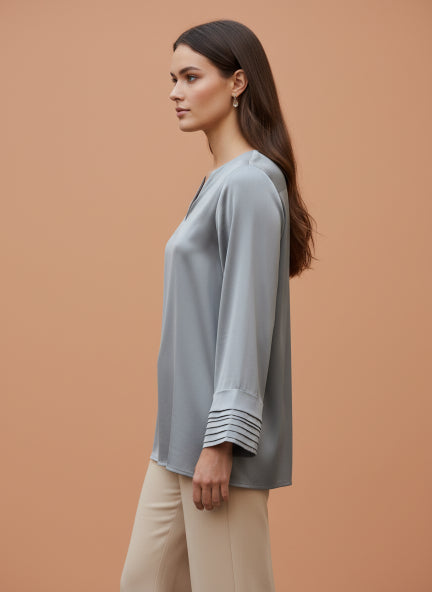 European Satin V Neck Long Sleeve Top