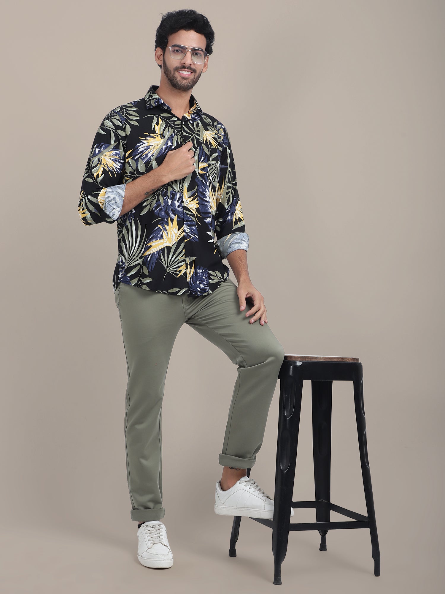 Men's Premium Rayon Shirt With Jungle Print In Full Sleeve And Black Color