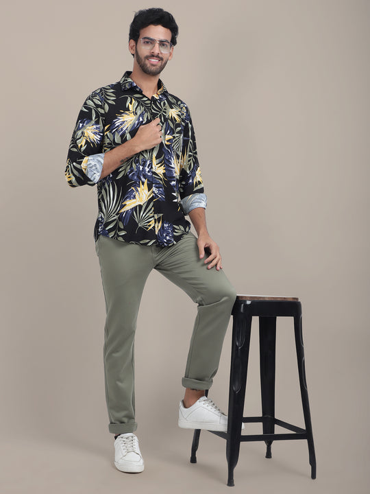 Men's Premium Rayon Shirt With Jungle Print In Full Sleeve And Black Color