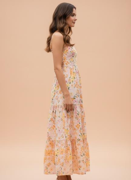 Cambric Digital Print  Maxi Dress With Slash Pocket