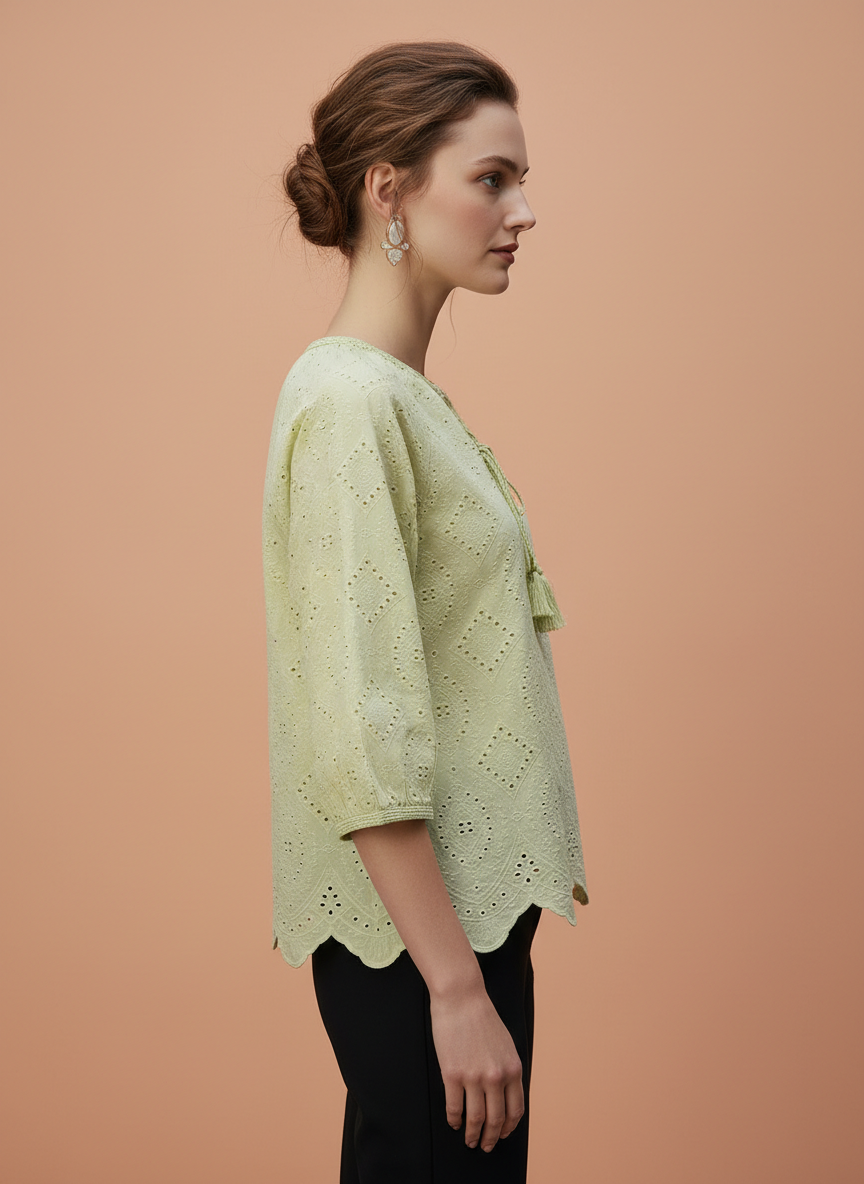 Chic Cutwork Women’s Top with Tassel Tie
