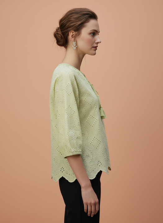 Chic Cutwork Women’s Top with Tassel Tie