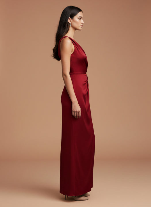 One-Shoulder European Satin Dress Crimson Red
