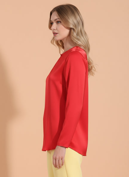 Summer Satin Red Mandarin Collar Button Tunic
