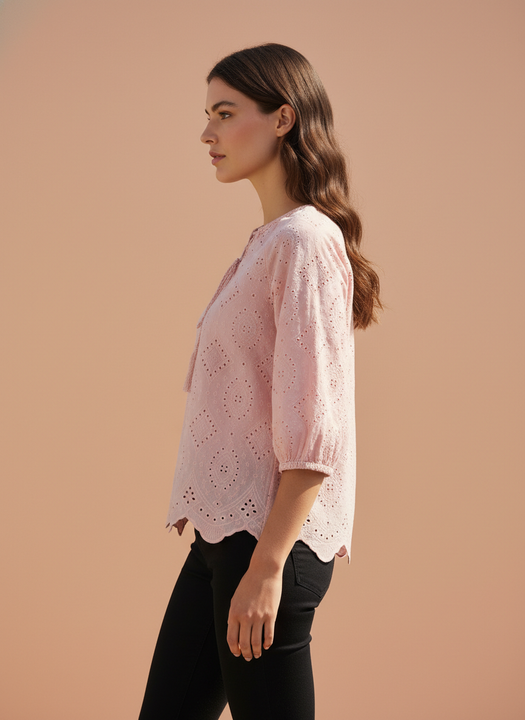 Chic Cutwork Women’s Top with Tassel Tie
