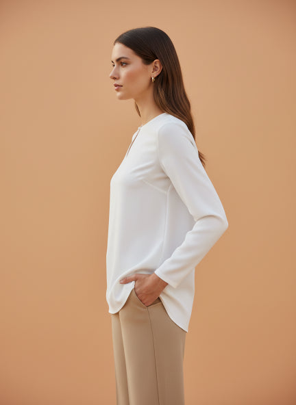 Summer Satin Off White Mandarin Collar Button Tunic