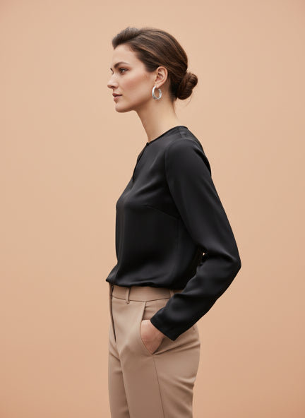 Summer Satin Black Mandarin Collar Button Tunic