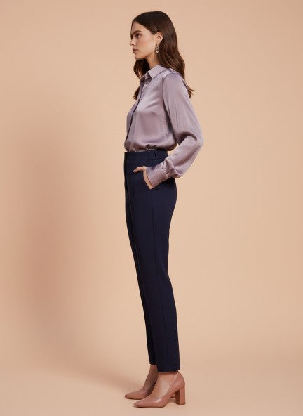 Banana Crepe Navy Skin Fit With Multi Pleated Trouser