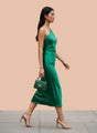 European Satin Emerald Green Midi Dress