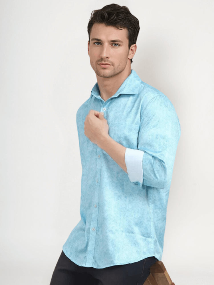 Men'S Poly Satin Lycra Sky Blue Digital Printed Shirt