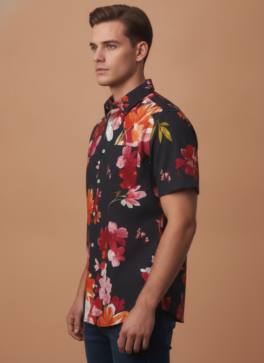 Black Floral Print Premium Rayon Shirt