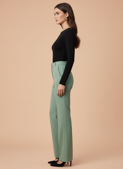 Banana Crepe Sage Green Straight Fit With Flap Pocket Trouser