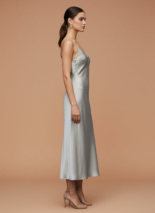 Satin Silver Grey V-Neck Midi Dress