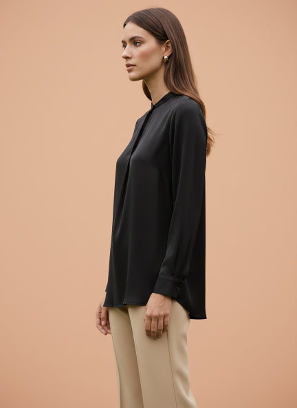 Summer Satin Black Front Pleated Tunic