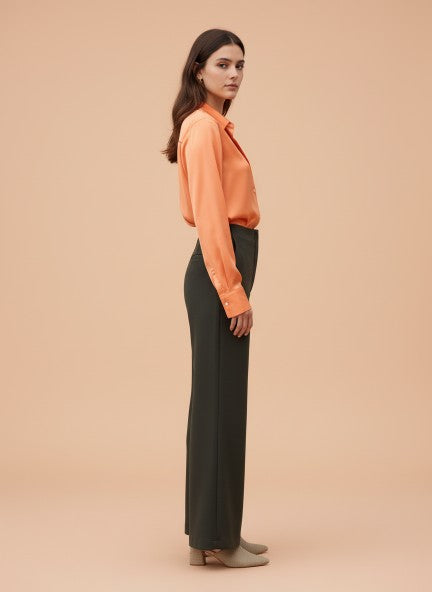 Banana Crepe Olive Flared Trouser With Slash Pocket