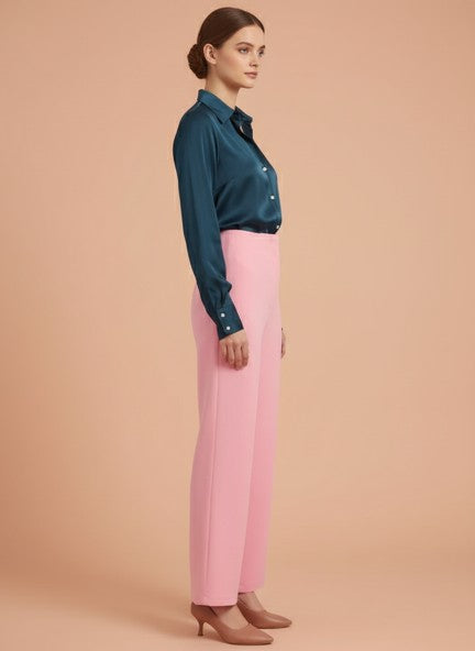 Pink Slashed Pocket Banana Crepe Rose Pink Flared Trouser With Slash Pocket