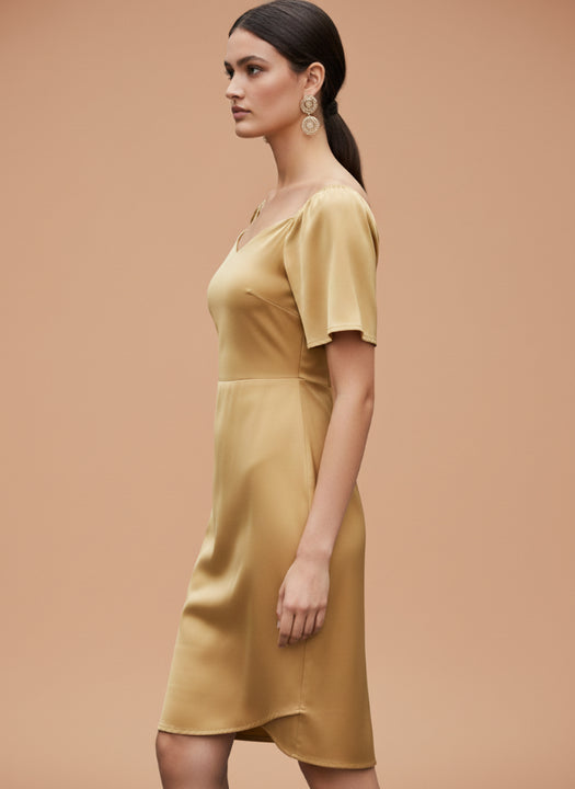 Women’s Luxury European Satin Mustard Midi Dress