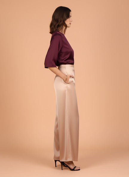 Satin Wide Leg Pants European Fabric  Rose Sand Glam Look
