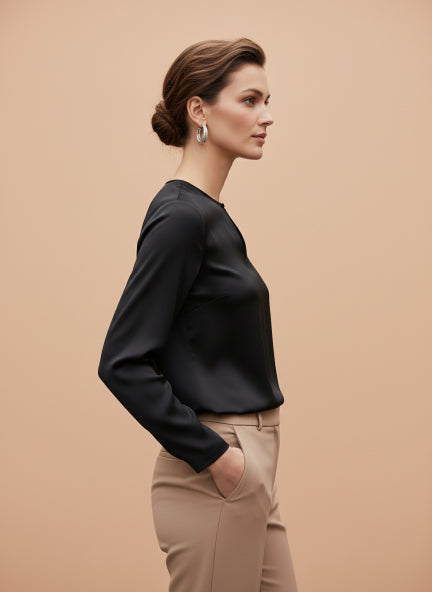 Summer Satin Black Mandarin Collar Button Tunic
