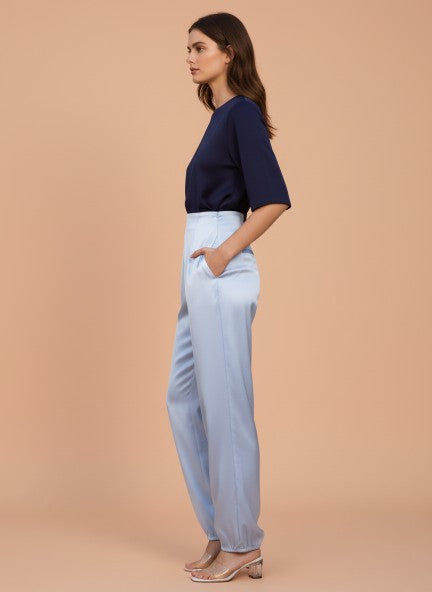 Satin Wide Leg Pants European Fabric  Ice Blue Glam Look
